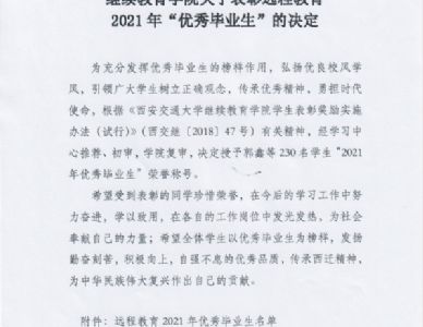 继续教育学院关于表彰远程教育2021年“优秀毕业生”的决定